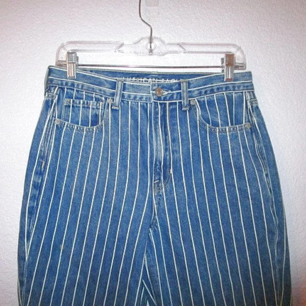 American Eagle Mom Jeans Womens 6 High Rise Denim Blue Striped Retro Festival